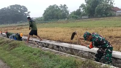 Babinsa Serma Aziz Bersama Warga Banaran Wetan Laksanakan Karya Bhakti Pembersihan Saluran Air Persawahan