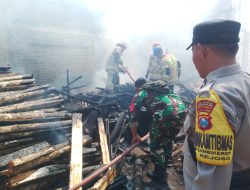 Babinsa Koramil 0810/15 Rejoso Bantu Petugas Damkar Padamkan Api yang Membakar Bekas Kandang Sapi di Wilayah Binaan